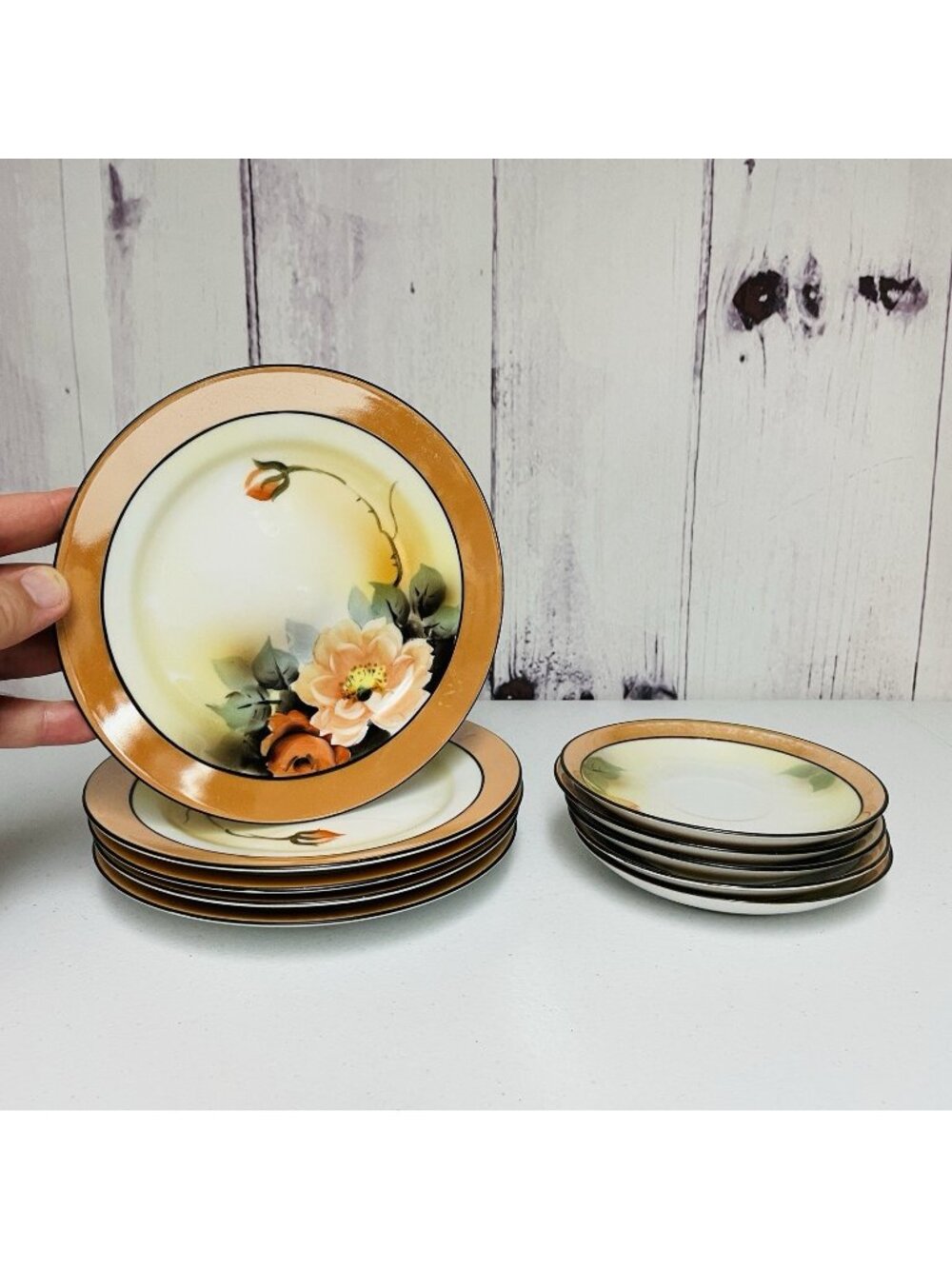 10 Vintage Early 1900s Noritake Japan Art Nouveau Orange Luster Floral Plate Lot